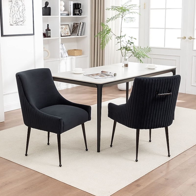 Dining Chair Set of 2 Teal Velvet Channel Tufted Rear Handle
