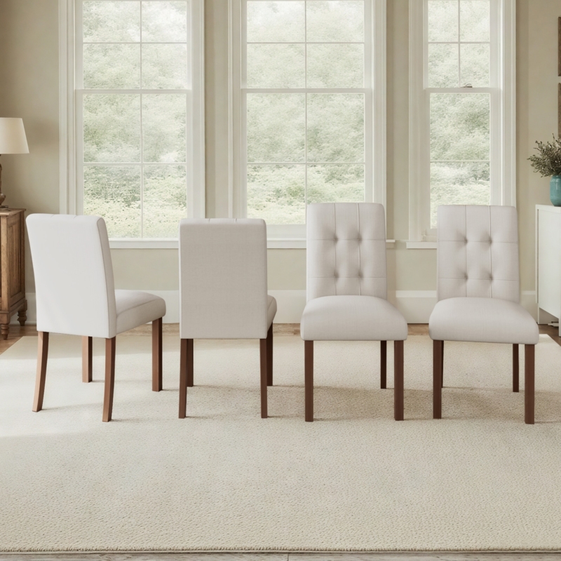 Dining Chair Set of 4 Beige Button Tufted Back Dark Wood Legs High