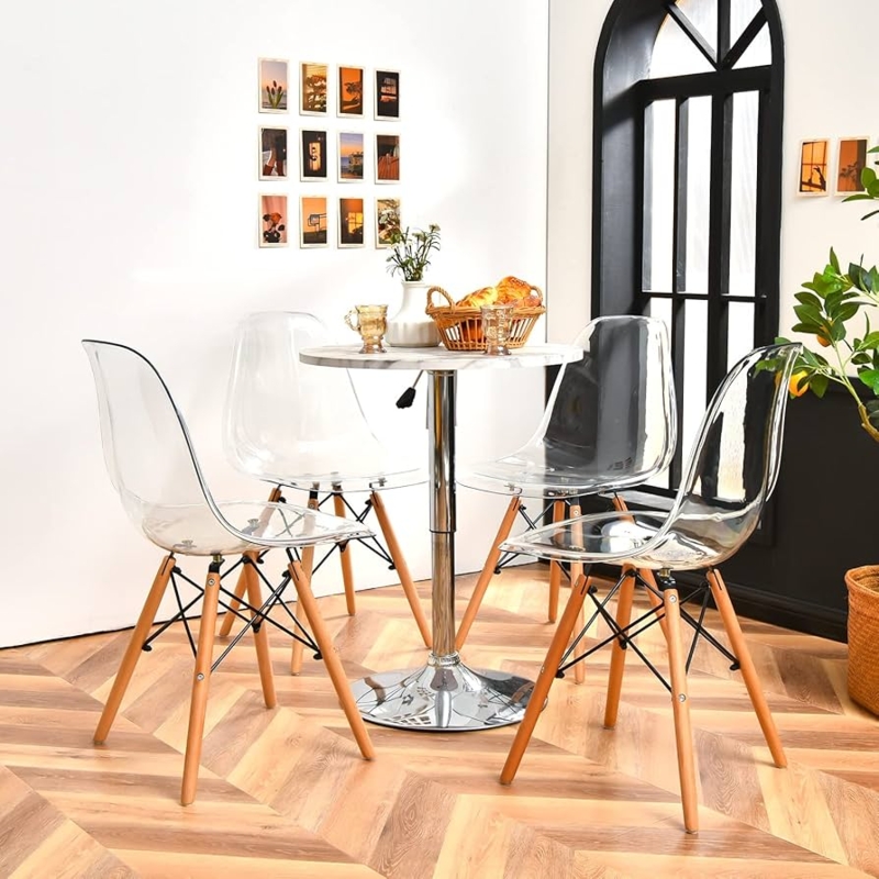 Dining Chair Set of 4 Minimalist Clear Acrylic Eiffel Wood Legs