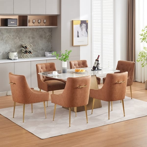 Dining Chair Set of 6 Cream Faux Leather Channel Tufted Gold Pull