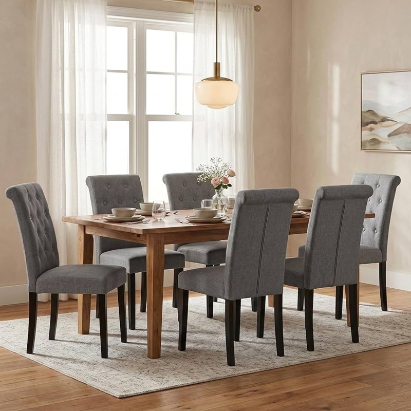 Dining Chair Set of 6 Upholstered Fabric Button-Tufted Nailhead Trim