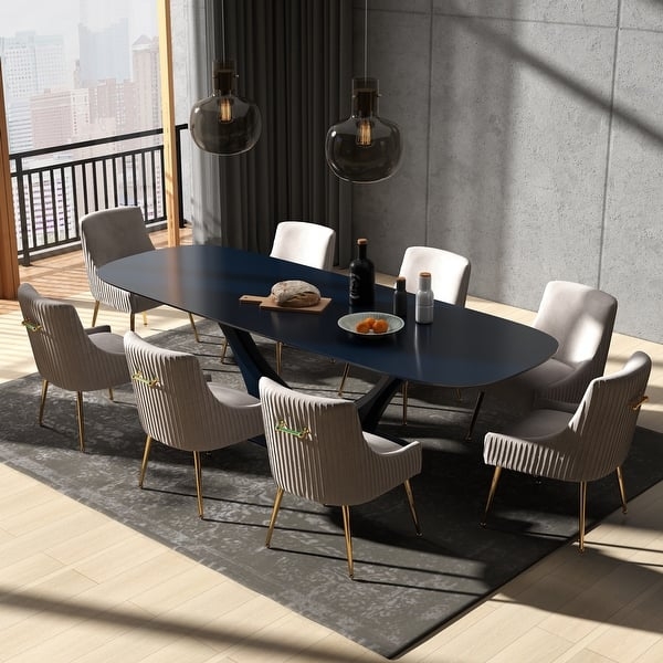 Dining Chair Set of 8 Gray Velvet Channel Tufted Metal Legs