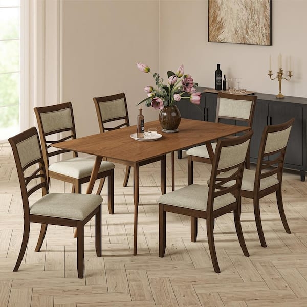 Dining Chair Set of Six Traditional Walnut Curved Slat Back Cream Seat