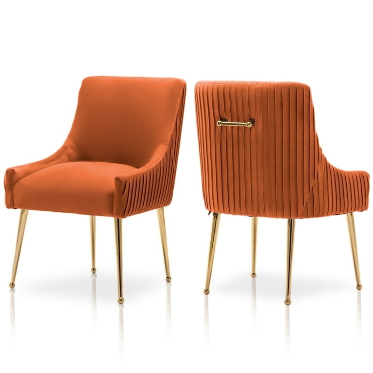 Dining Chair Set Orange Velvet Channel Pleating Gold Tapered Legs
