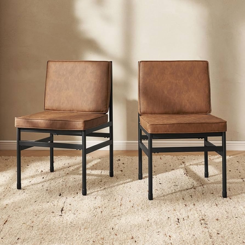 Dining Chair Set, Pecan Brown Faux Leather, Splayed Black Legs