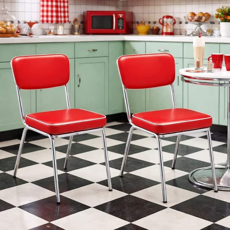 Dining Chair Set Retro Red Faux Leather Cantilever Base Chrome