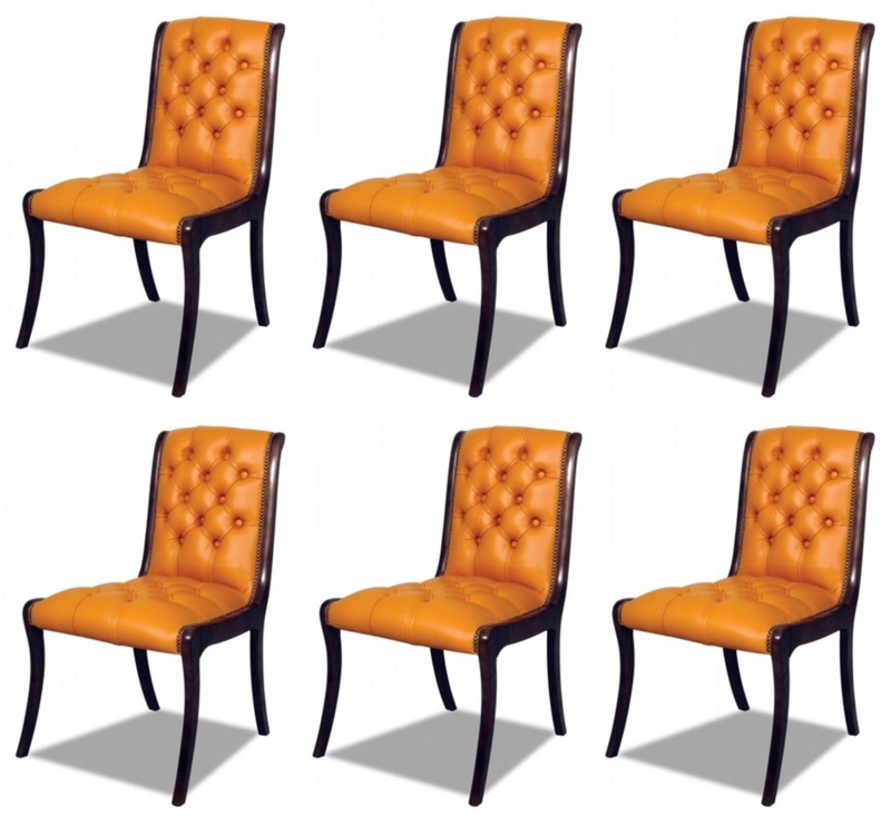 Dining Chair Set: Vibrant Orange Leather Chesterfield Tufting