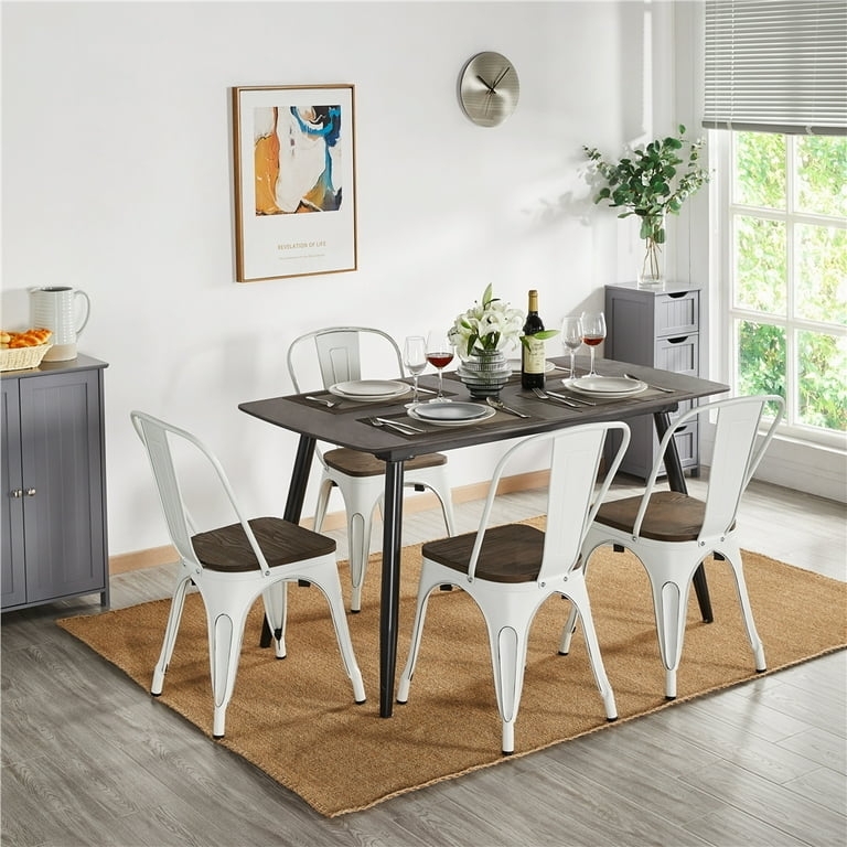 Dining Chair Set White Metal Tolix Silhouette Wood Seat Industrial