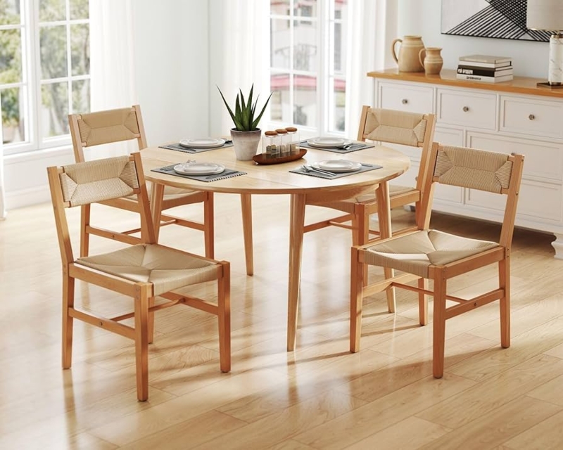 Dining Chair Set Woven Rope Seat H-Stretcher Natural Wood