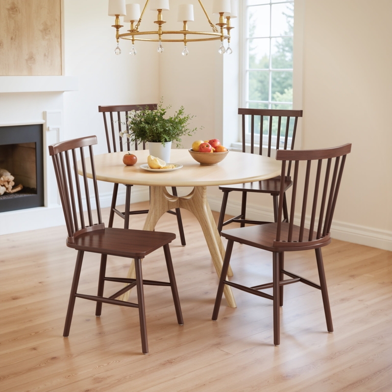 Dining Chair Splayed Legs Brown Wood Tone H-Stretcher Farmhouse