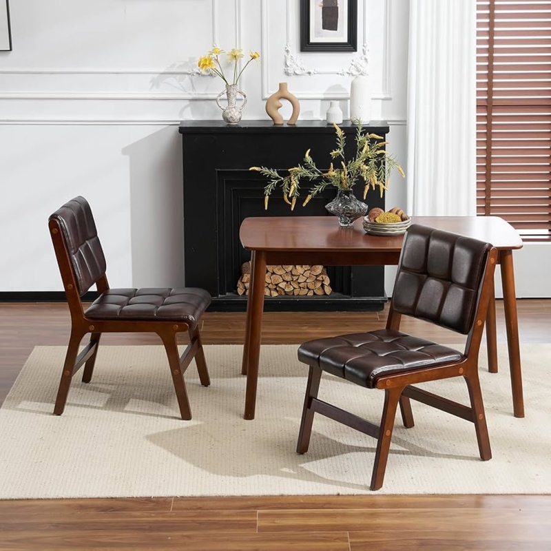 Dining Chair Splayed Legs Curved Wood Backrest Leather Like Brown