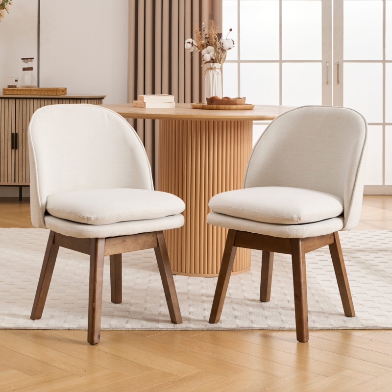 Dining Chair Swivel Base Beech Wood Legs Beige Linen Upholstery