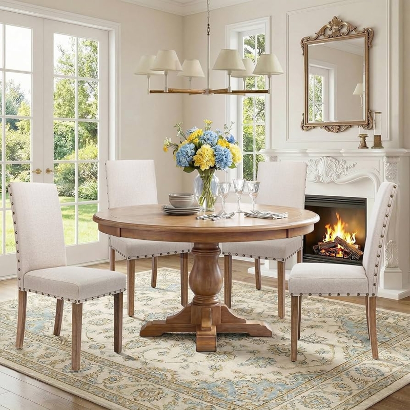 Dining Chair Tall Parsons Back, Beige Upholstery, Bronze Nailheads