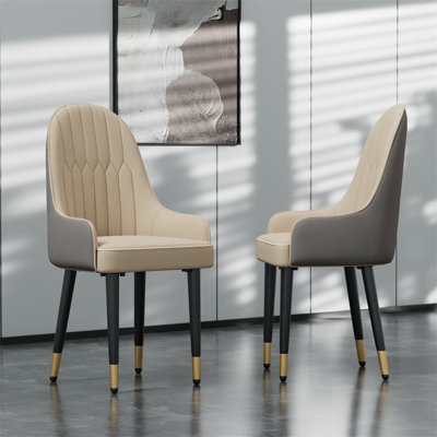 Dining Chair Tan Faux Leather with Integrated Curving Arms