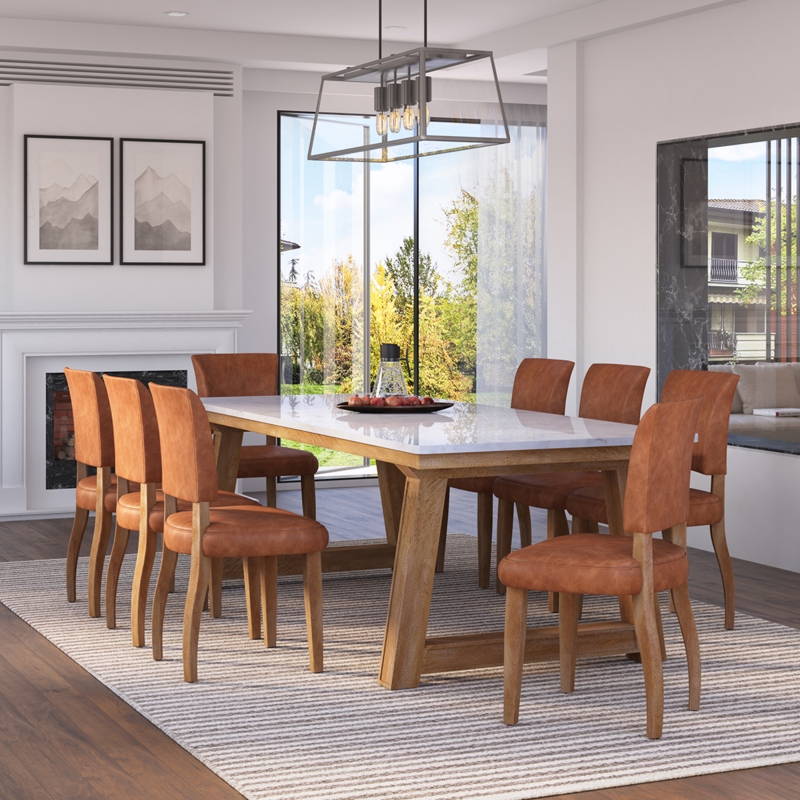 Dining Chair Tan Leather-like Cross-stitched Rustic Seating