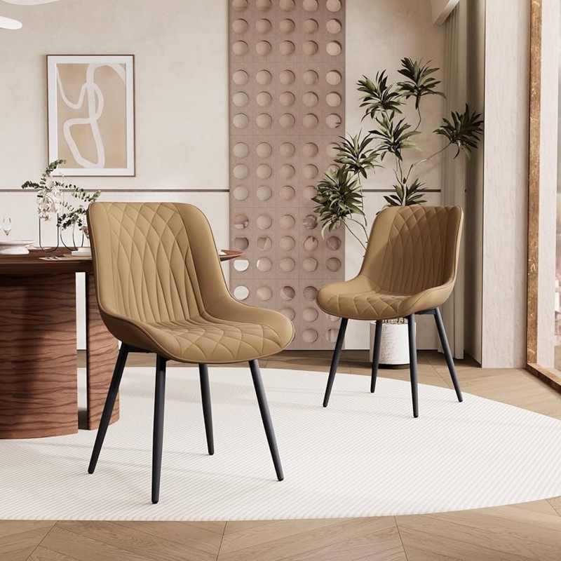 Dining Chair Tan Vertical Channel Stitching Mid-century Modern Seating