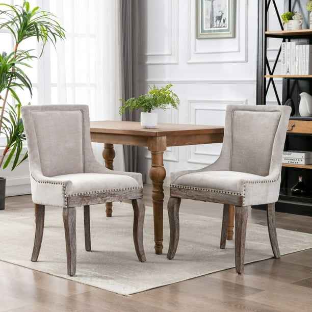 Dining Chair Tapered Wood Legs, Beige Upholstery, Bronze Nailhead Trim