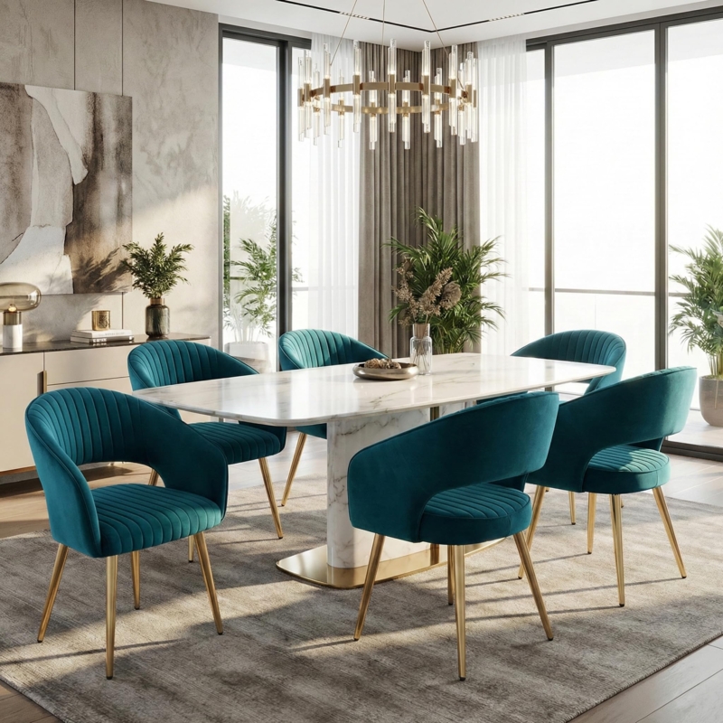 Dining Chair Teal Velvet Hollow Back Design Tapered Metal Legs