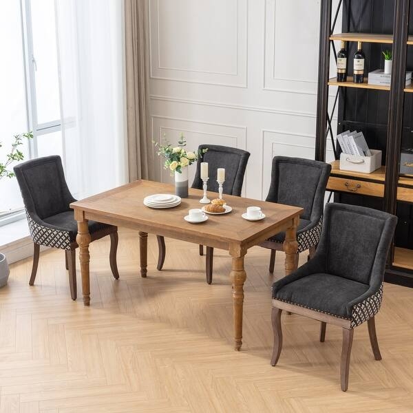 Dining Chair Thickened Fabric Upholstery, Bronze Nailhead Trim, Oatmeal