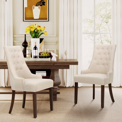 Dining Chair Tufted Wingback Traditional Beige Fabric Nailhead Trim