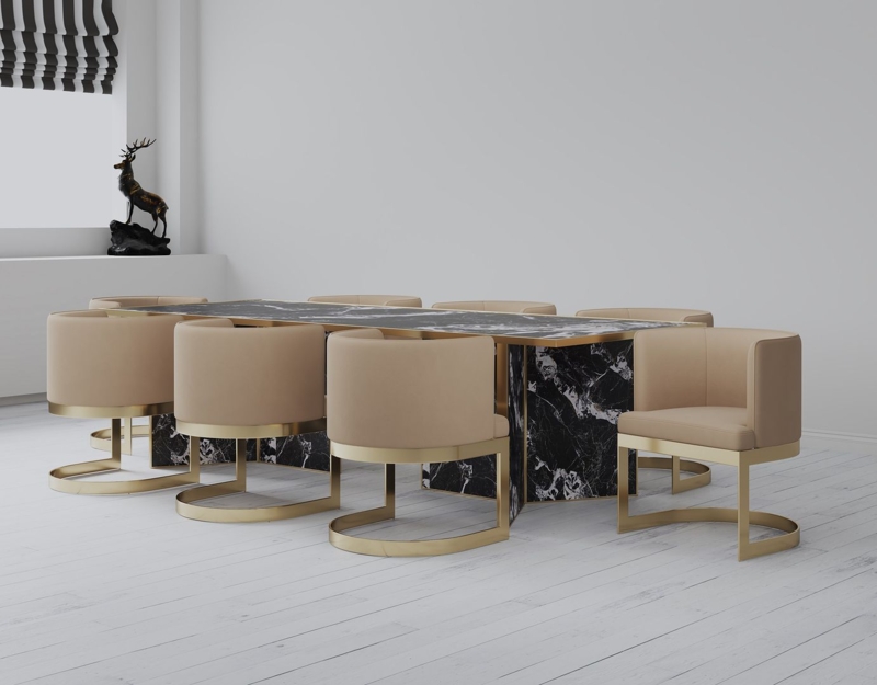 Dining Chair Vertical Channeling Sand Velvet Polished Brass Legs