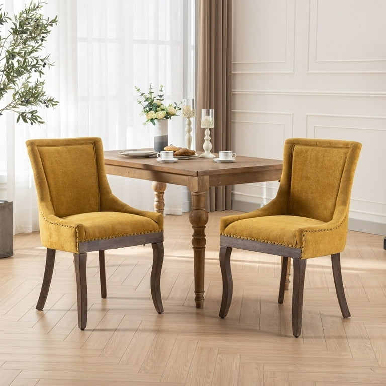 Dining Chair Vibrant Yellow Upholstery, Bronze Nailheads, Tapered Legs