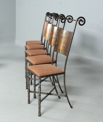 Dining Chair Vintage Wrought Iron Slatted Back Leather Like Tan