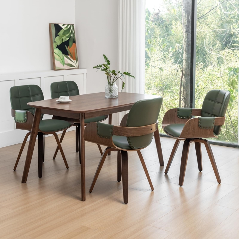 Dining Chair Walnut Bentwood Shell Swivel Base Sage Green Upholstery
