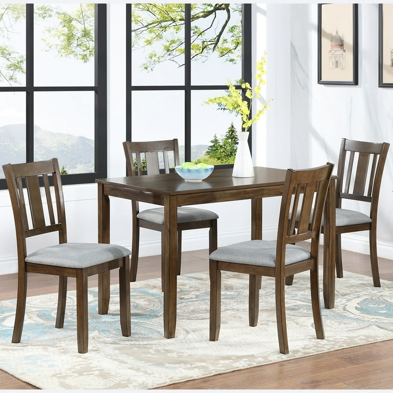 Dining Chair Walnut Finish Gray Upholstered Curved Wrap-Around Backrest