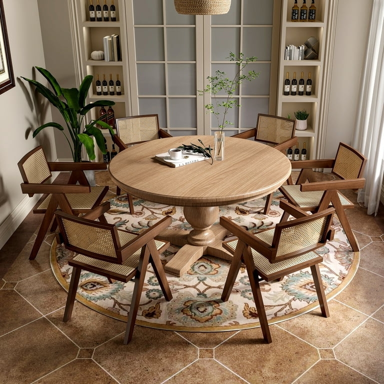 Dining Chair Walnut Frame Woven Rattan Panels Curved Back