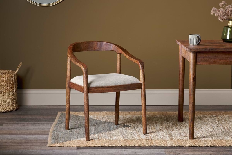 Dining Chair Washed Walnut Finish Curved Back Cream Upholstered