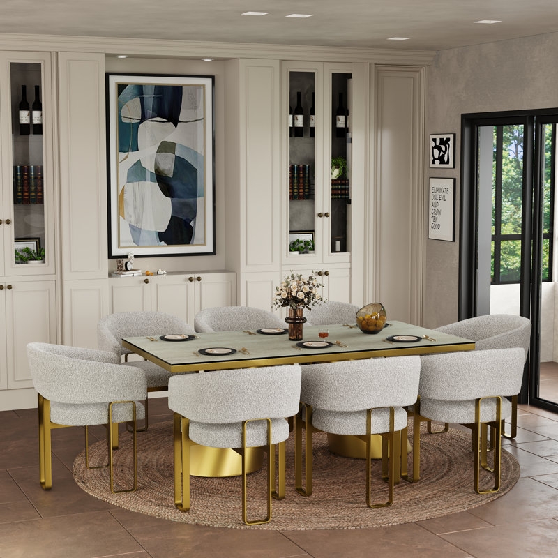 Dining Chair White Boucle Barrel Back with Brushed Gold Sled Base