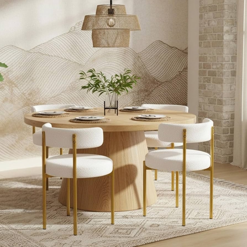Dining Chair White Boucle with Tapered Gold Legs and Open Back