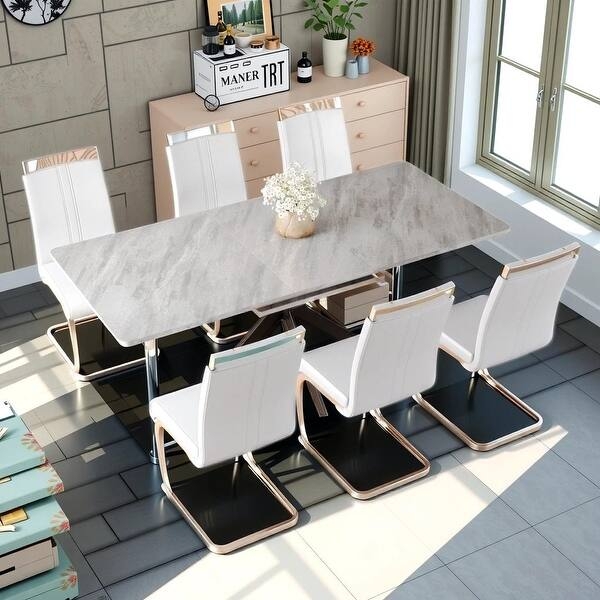 Dining Chair White Channel Tufted Silver C-Shaped Sled Base Modern