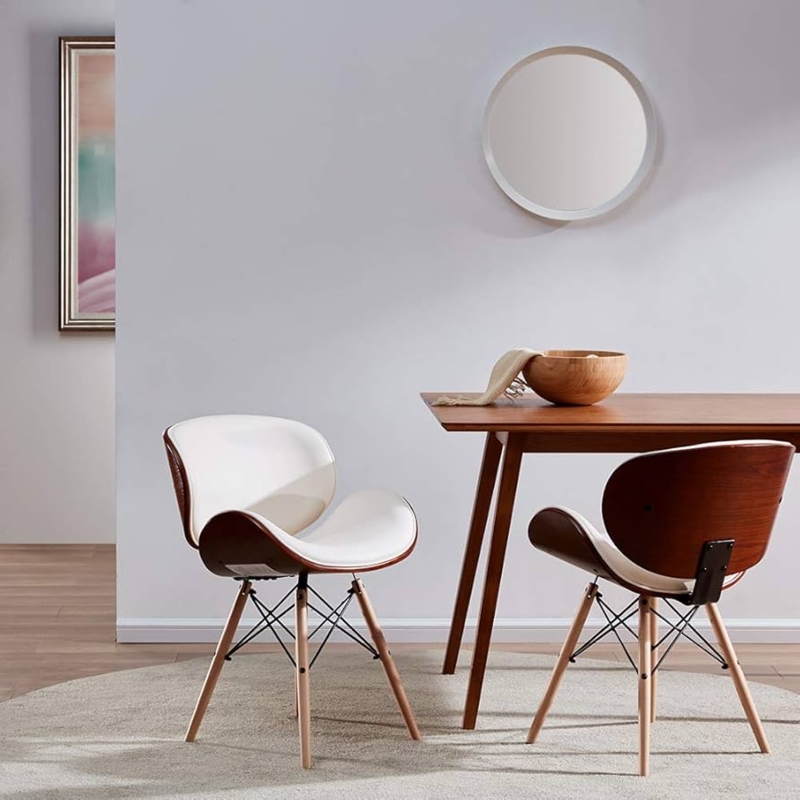 Dining Chair White Faux Leather Walnut Curved Bentwood Back