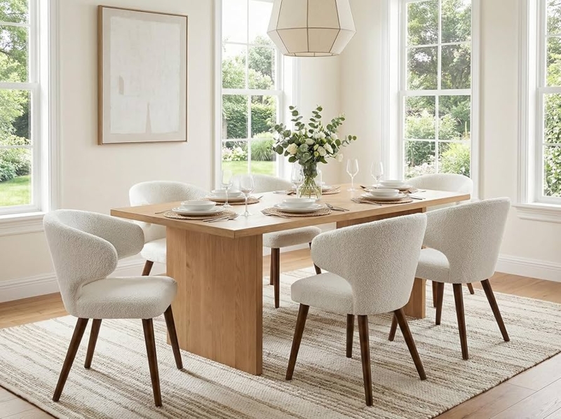 Dining Chair White Faux Sherpa Upholstery Tapered Wood Legs