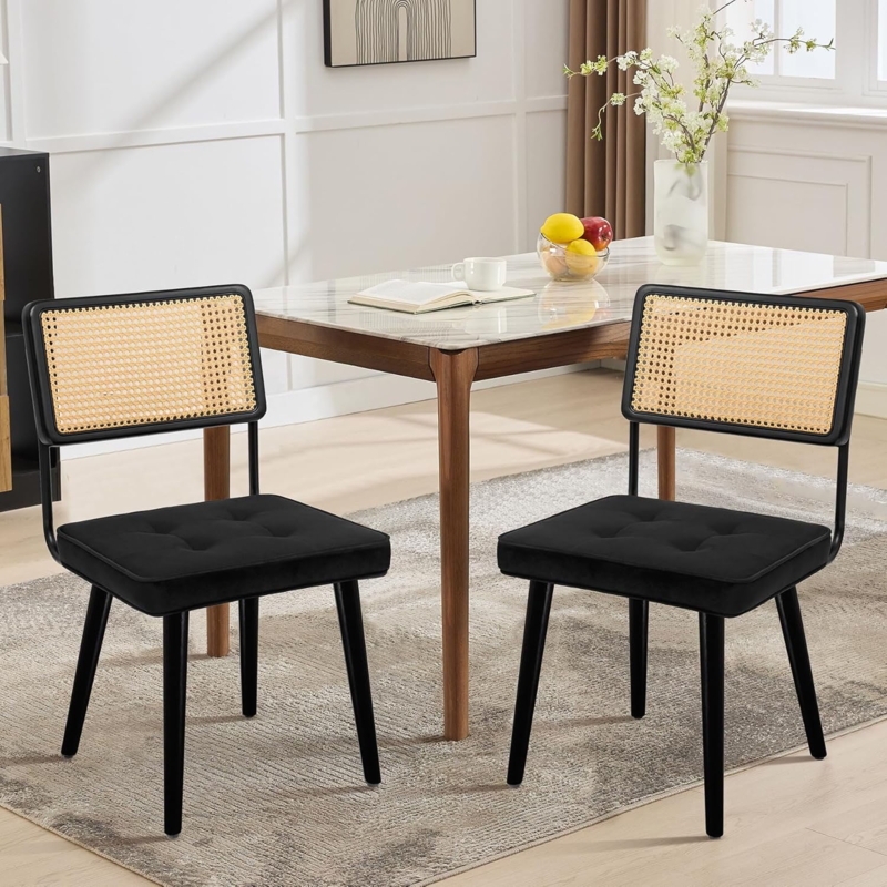 Dining Chair White Leather-Like Seat Tall Cane Backrest Light Wood