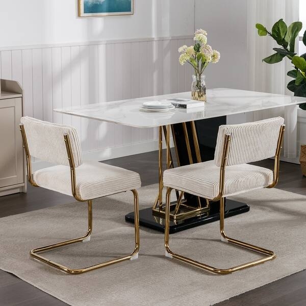 Dining Chair White Shaggy Faux Fur X-Frame Base Gold Toned