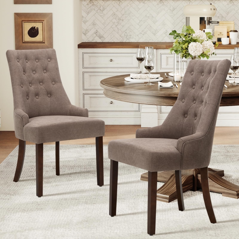 Dining Chair Wingback Taupe Upholstery with Button Tufting