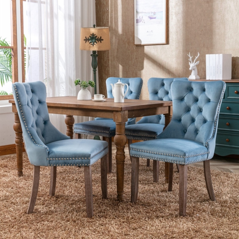 Dining Chair with Button Tufted Back in Light Gray Velvet Upholstery