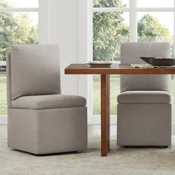 Dining Chair with Casters and Sloped Arms, Taupe Linen-Like