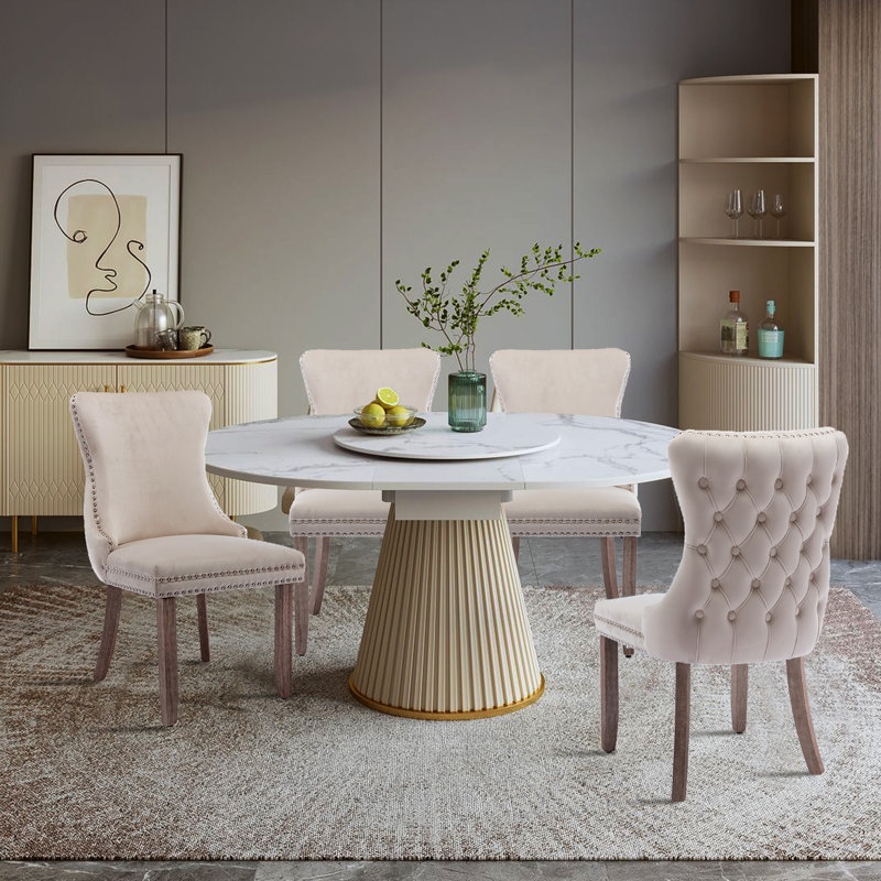 Dining Chair with Curved Back, Diamond Tufting, and Tapered Wood Legs