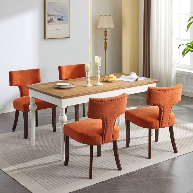 Dining Chair with Curved Wood Backrest and Linen Fabric