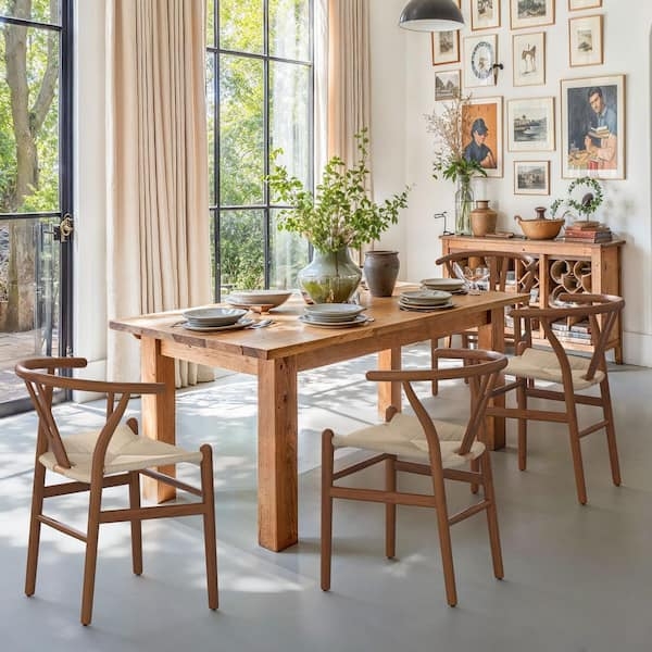 Dining Chair with Handcrafted Woven Seat and Curved Top Rail in Light Brown.