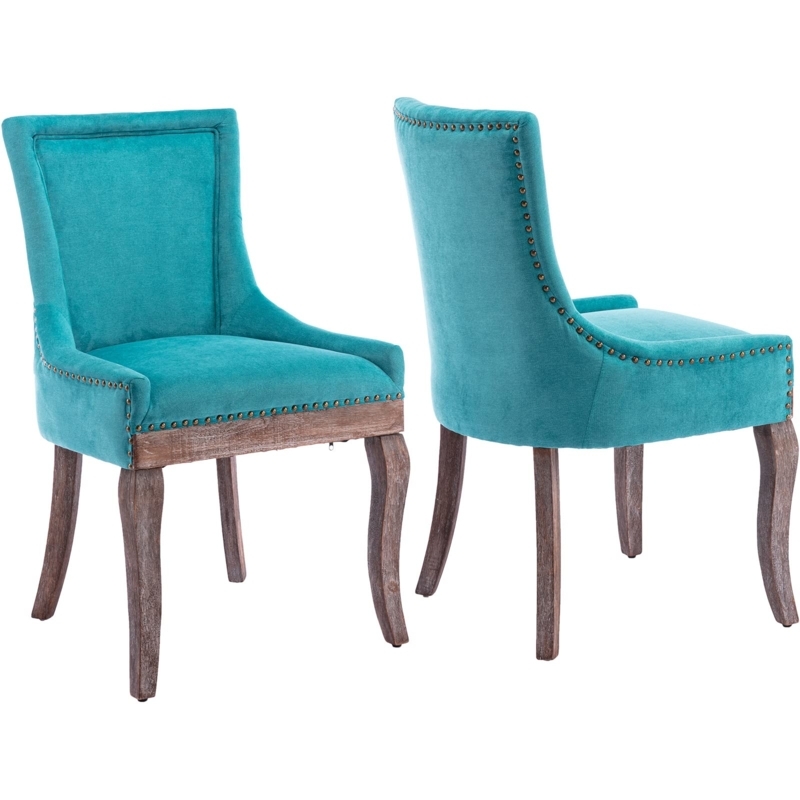 Dining Chair with High Back, Teal Fabric and Transitional Nailhead Trim