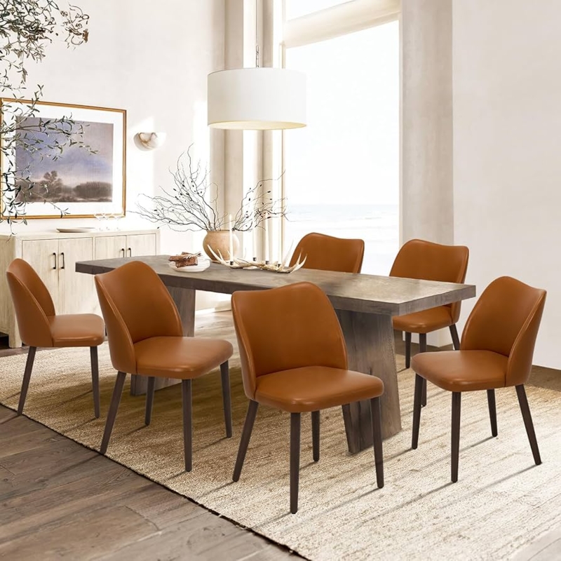 Dining Chair with Tapered Splayed Legs, Tan Upholstery, Curved Back