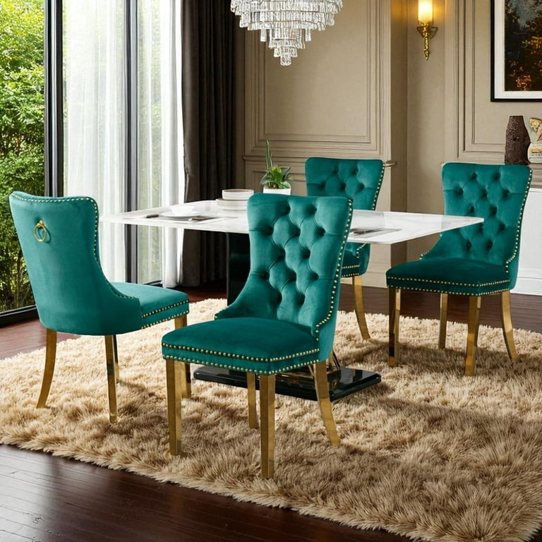 Dining Chair with Wingback Silhouette, Nailhead Detail, and Gold Legs