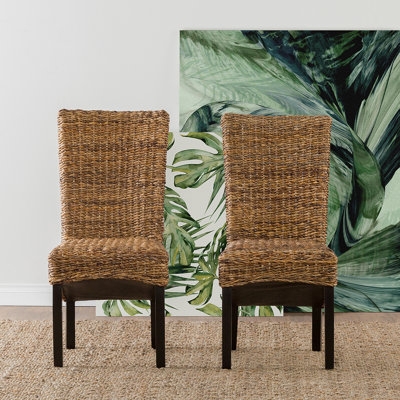 Dining Chair Woven Abaca High Back with Natural Fiber and Dark Legs