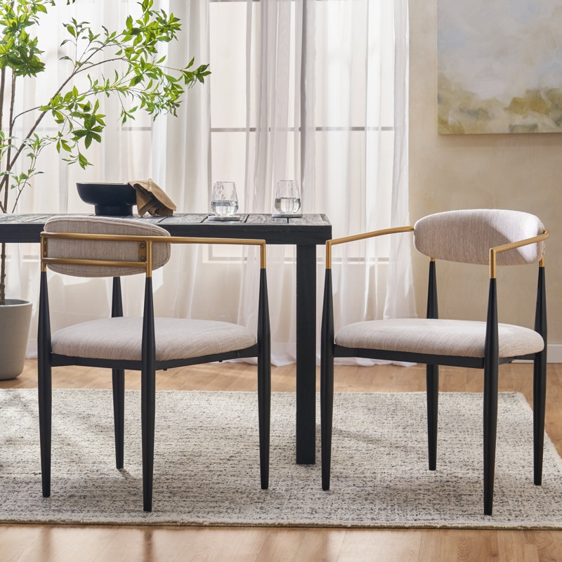 Dining Chair Woven Beige Barrel Back Black Legs Mid-Century