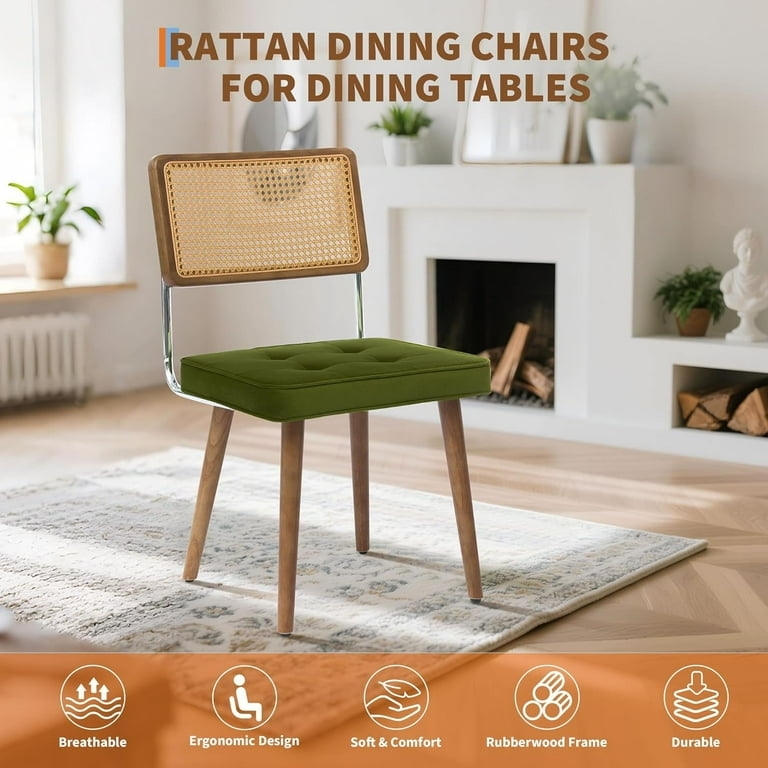 Dining Chair Woven Cane Back Tapered Legs White Seat Armless